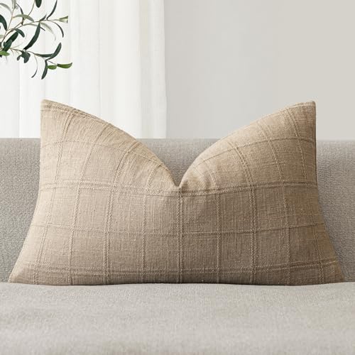 Image of Foindtower Set of 1 Decorative Linen Check Throw Pillow Cover Neutral Farmhouse Lumbar Cushion Cover Modern Coastal Boho Home Decor for Sofa Chair Couch Bedroom Living Room,12x24 Inch,Camel