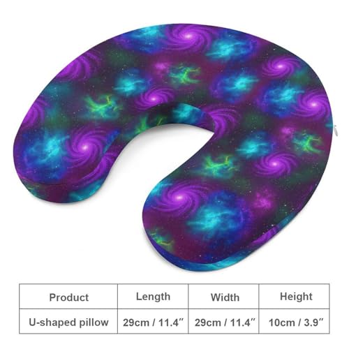 Image of Cute Travel Neck Pillow Green Purple Blue Clouds Galaxy Art Memory Foam U Shaped Cushion, Washable Cover for Boys Girls Airplane Car School Nap
