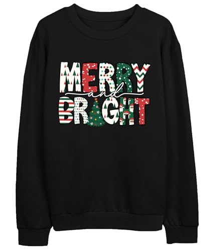 Image of Christmas Sweatshirt Women Merry and Bright Christmas T-Shirt Funny Xmas Lights Blouse Tops Holiday Shirts
