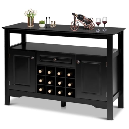 KOMFOTTEU Aparador de Cocina con Botellero para 9/12 Botellas, Mueble Buffet con 2 Armarios con Puerta y un Cajón, Armario de Almacenamiento para Comedor, Salón, 116 x 40 x 82 cm (Negro)