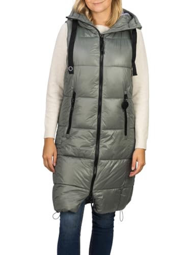 DENIMFY Steppweste Damen lang mit Kapuze Regular Fit DFCaro Weste Knielang Outdoor Reißverschluss Taschen Herbst Winter Grün XXL, Größe:XXL, Farbe:Agave Green