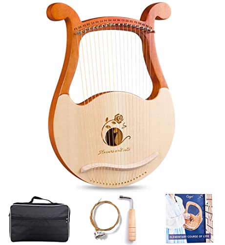 LYRE HARP 19 cordes, corps en acajou massif et visage de placage d'épinette, motifs uniques, symboles phonétiques sculptés, avec sac de transport, clé de réglage, ensemble de cordes de rechange, choix Cover