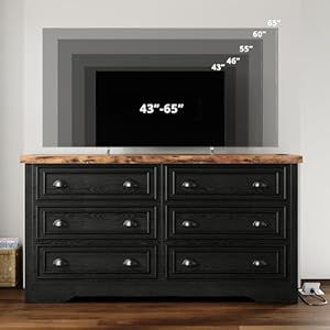 Likimio 59 6 drawers dresser for bedroom power strip farmhouse large wood dressers chest of drawers with wide storage cabinet black  urban country home decor