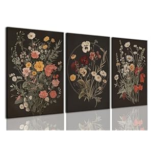 TUEASKY 3 Piece Canvas Wall Art Wildflower Wall Decor Botanical Pictures Floral Paintings Moody Framed Art Vintage Prints Dark Artwork for Bedroom Living Room 16x24in
