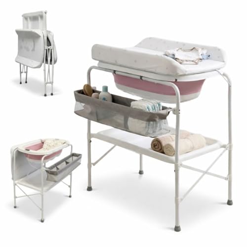 BATHBY Bañera Bebé con Patas Multifuncional 6 en 1: Plegable con Soporte, con Termómetro, Cojín Reductor, Cambiador, Bandeja y Cesta Organizadoras, Desagüe con Tubo y Soporte para Ducha (Rosa Pro)