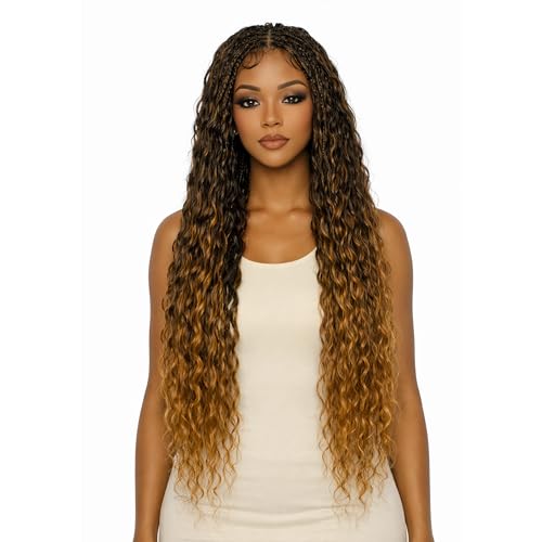 RAHELMO Single Full Lace Braid Wig – Micro Boho Peruvian Deep Wave Box Braided Wig, Knotless Braided Wigs for Black Women, Curly Hair Wig, with Natural Baby Hair (#1B27 Off Black & Light Brown, 32")