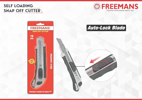 Image of FREEMANS 18mm Self-Loading Snap Off Cutter with Bi-Material Soft Rubbered Handle Grip, 3 Cutter Blades & Blade Storage Tray, Auto Lock Blade, Paper Cutter Blade For Office /Home /School Purpose