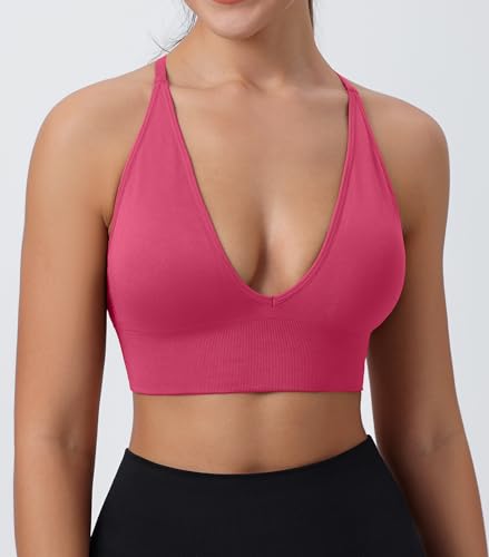 Image of Deep V-Neck Adjustable Women's Sports Bra | Wireless Longline Strappy Criss Cross Padded Spaghetti Straps Light Impact Workout Yoga Crop Top