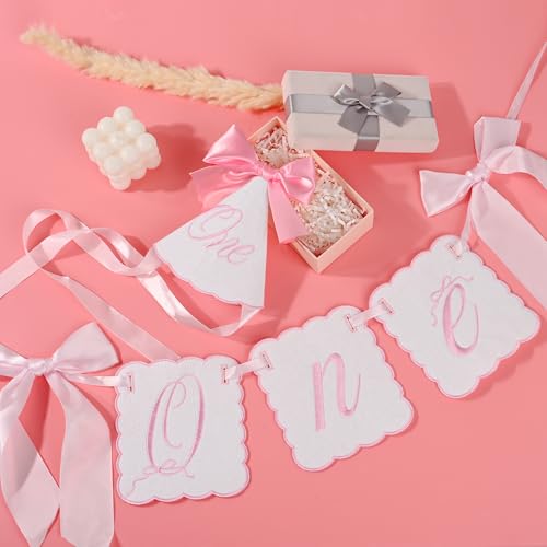 Image of 3Pcs Pink Bow First Birthday Decorations Highchair Banner for Girl,1st Birthday High Chair Garland,Cake Topper & Hat for One Year Old Birthdays Party Decoration,Baby Shower,Princess Fairy Photo Props