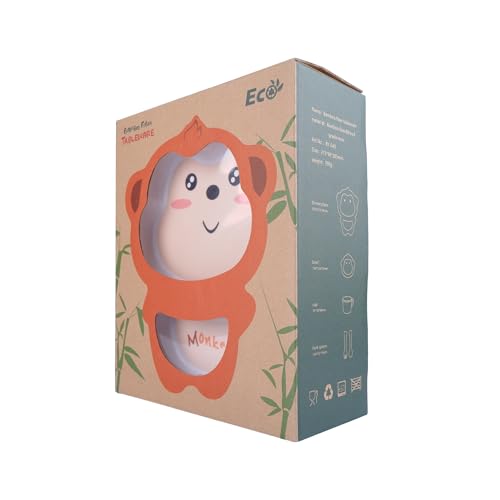 Image of Bamboo Kids Feeding Set of 5 |Kids Crockery Set Tableware |Baby Utensils and Dishes Set | Eco-Friendly |Organic & Natural (Mischievous Monkey)