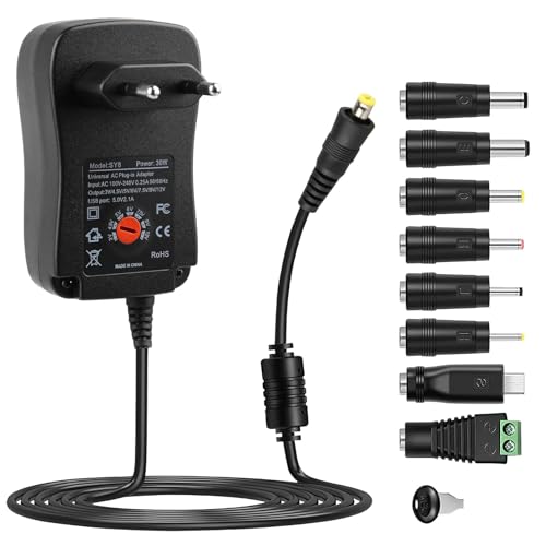 30W Adaptador Universal de 3V 4.5V 5V 6V 7.5V 9V 12V 2A AC/DC, Cargador Universal 30W 12V, 8 Puntas para Adaptador Corriente 30W Universal, Fuente-Adaptadora con Voltaje Múltiple para Router LCD