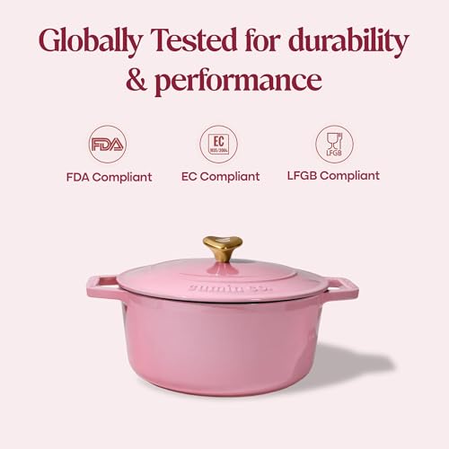 Image of CUMIN CO. Cast Iron Dutch Oven 2.5L, 20 cm | Induction Base Cookware | 10 Years Warranty | Non Toxic Non Stick Biryani Pot with Lid | Heavy Bottom | Chemical Free Coating | Free Accessories | Pink (Rose)