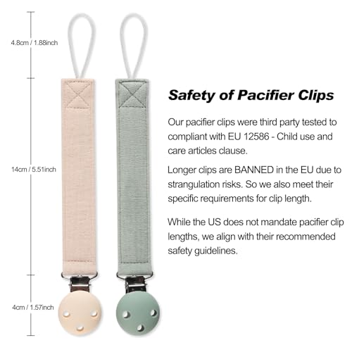 meanus Schnullerkette, Schnullerhalter aus Baumwolleband und silikon clip for Mädchen und Jungs, Baby Schnullerkette Clip Geschenk zum Baby, BPA-frei, 2er-Pack (Sand+Light Grey)