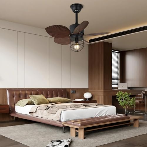 Image of Industrial Cage Ceiling Fan with Warm-White Light|Modern Wooden-Leaf Ceiling Fan with Metal Grill Lamp for Bedroom, Living Room & Cafe|Phoebe