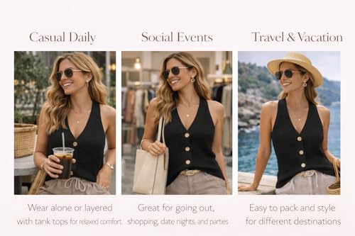 Image of Womens Button-Front Sweater Vest Top V Neck Sleeveless Knit Tank Fitted Halter Raceback Cardigan Vest
