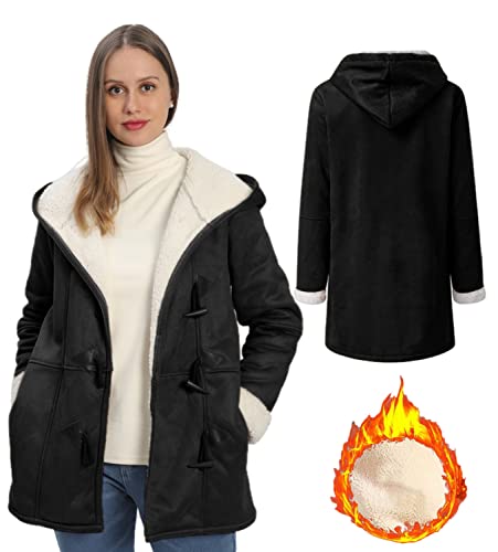 Ai'mouri Windproof Sherpa Lined Outerwear For Women Winter, Fashion Fleece Hooded Overcoat With Pockets, Warm And Thicken Parka Jacket S-2Xl Outdoor (Black, Xl) #TOP2