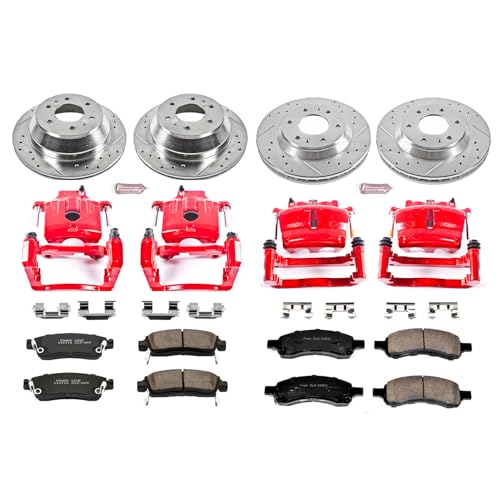Image of PowerStop Front and Rear Brake Kit for Buick Rainier 2006-07 |Chevrolet Trailblazer 2006-08 - Carbon-Fiber Ceramic Brake Pads + Drilled & Slotted Rotors + Red Powder Coated Calipers, KC2060