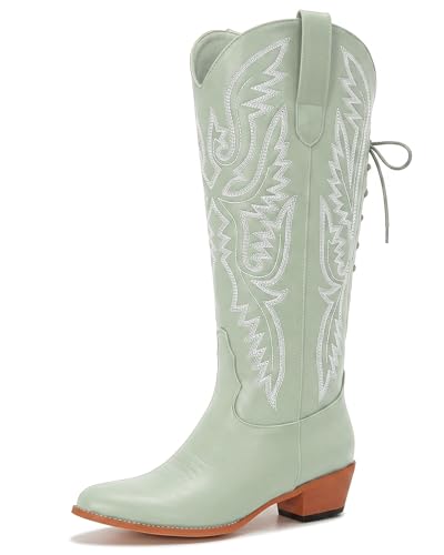 Image of Uillnoodu Wide Calf Cowboy Boots Women Adjustable Lace Up Knee High Tall Plus Size Cowgirl Boots Western Style Comfortable 2-Inch Heel