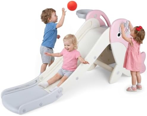 BABY JOY Foldable Toddler Slide, Baby Climber Playset Kids Slide w/Basketball Hoop, Ring Toss, Ball, Inflator & Rings, Indoor & Outdoor Playground Slide (Pink+White,59″ × 28″ × 26″(L x W x H))