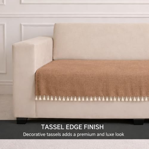 Image of STITCHNEST Jute Sofa Cover - Brown, 48x30 Inch | Soft Textured Fabric with Tassel| Sofa for Living Room Decor