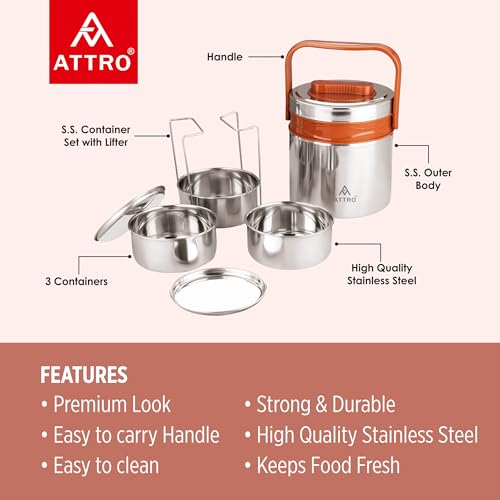 ATTRO Steel On 3 Insulated Tiffin Box, 3 Containers, Brown, 900ml - Image 3