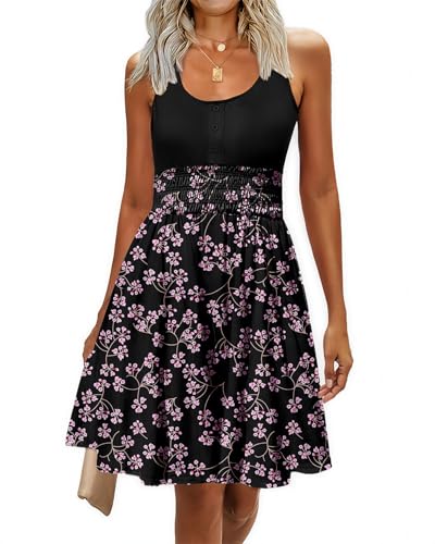 Image of Summer Dresses for Women Casual Sleeveless Sundresses Elastic Waist Mini Sun Dress
