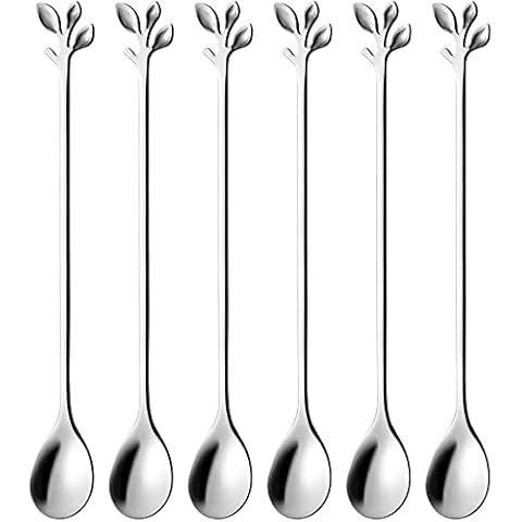 Eisteelöffel-Set mit langem Griff, 6 Stück 18,8 cm Eislöffel, Kreative Silberblatt Cocktail Rührlöffel, Premium Edelstahl in Lebensmittelqualität Teelöffel Cover