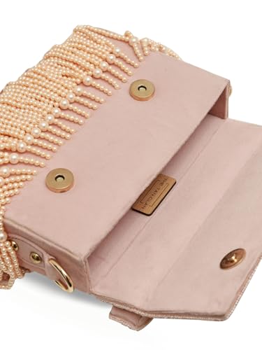 Image of THE TAN CLAN Kiara Beige Flap Over Bag Clutches for women Purses Luxury Evening Handbags for ladies with Handle
