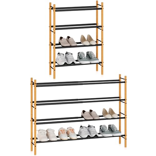 STORAGE MANIAC Expandable Shoe Rack, 12 Pairs Stackable Small Shoe Rack, Metal Adjustable Shoes Organizer for Closet, Entryway, Hallway, Garage, Front Door, Shoes Shelves, Bamboo 3 Tier Bamb