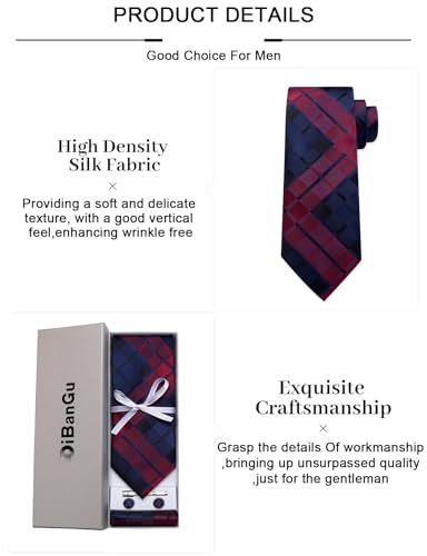 Image of DiBanGu Plaid Ties for Men Silk Checkered Necktie and Pocket Square Cufflinks Tie Clip Set with Gift Box for Wedding Business