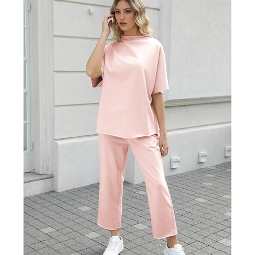 Image of SeeLuNa Women's Two Piece Outfits 3 /4 Batwing Sleeve Capelet Crew Neck Pullover Top Wide Leg Pants Lounge Set