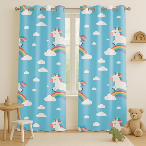Image of STITCHNEST Velvet Kids Curtains Pack of 2 | Unicorn & Rainbow Print | Semi Blackout Curtains for Nursery, Girls Room & Toddler Bedroom | 7 Feet