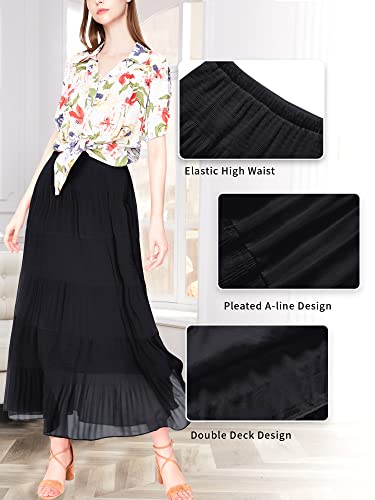 Image of NASHALYLY Women's Chiffon Elastic High Waist Pleated A-Line Flared Maxi Skirts