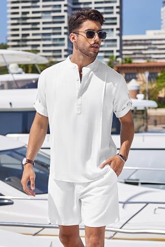 image for COOFANDY Men's 2 Pieces Linen Set Henley Shirt Short Sleeve and Shorts