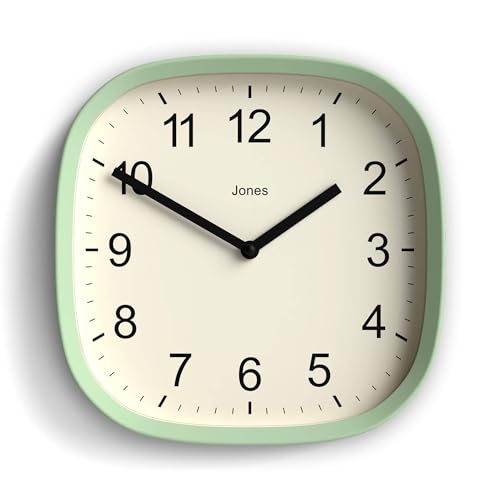 Image of JONES CLOCKS® Sprite Wall Clock | Modern Retro Rounded Square Clock | 10 inch | Neo Mint Green | Easy to Read Numbers | Perfect for Kitchen or Office