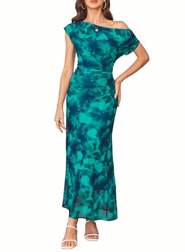 BLENCOT Women's Floral Mesh Bodycon Maxi Dress Elegant Off Shoulder
