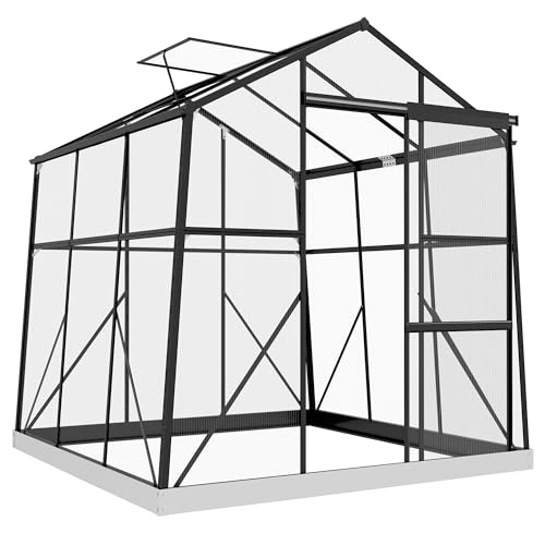Outsunny Gewächshaus Aluminium 192 x 192 x 204 cm Treibhaus 3,68 m² Tomatenhaus mit Fenster, Schiebetür, Fundament, Aufzucht Pflanzenhaus für Garten, Balkon, Schwarz