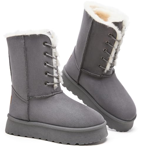 Uoidru Women's Snow Boots Mid-calf Boot Lace-up Winter Boots for Women Fur Lined Boot Womens Suede Platform Snow Boots(Grey08)
