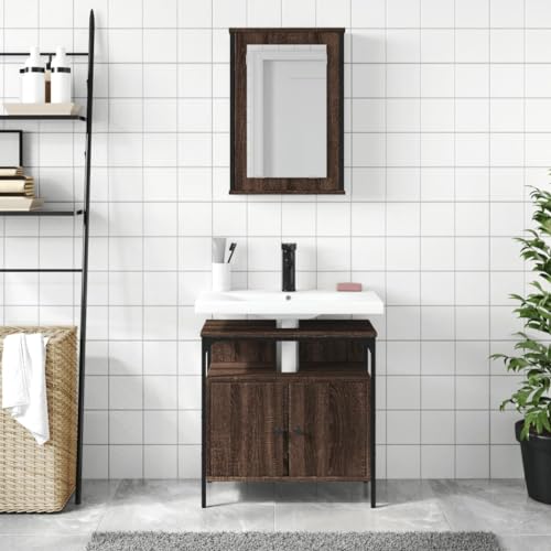 Juego de muebles de baño modernos de madera de roble marrón con dos piezas funcionales 4