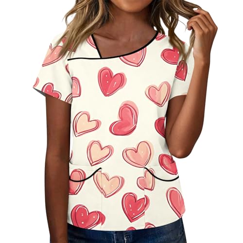 Women's Fashion Casual Printed Tshirts Work Clothes with Skew Collar and Double Layer Pocket Basic Top Beige