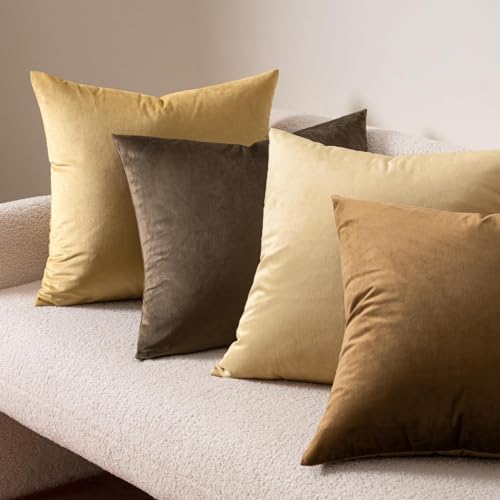 Image of 5 Piece Holland Velvet Cushion Cover, 24x24 inch, Beige | Soft Solid Decorative Throw Square Pillow Cases Modern Luxury Home Decor for Couch Sofa Bedroom Livingroom