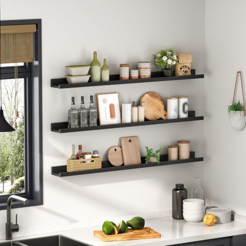 Image of HOOBRO Floating Shelves, Wall Shelf Set of 3, 47.2 Inches Hanging Shelf with Raised Edge and Invisible Brackets, for Bathroom, Bedroom, Kitchen, Office, Living Room Decor, Black BK92BJ01