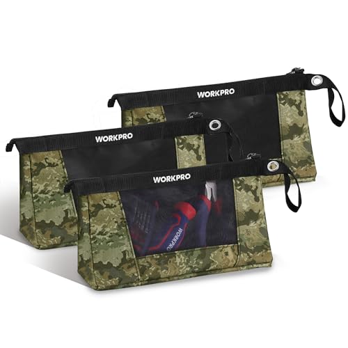 WORKPRO 12' Tool Pouches with Zipper, Heavy-Duty Small Tool Bag, Utility Small Tool Pouch for Tool Organizers and Storage, Mini Tool Bag, 3 Pack, Camo