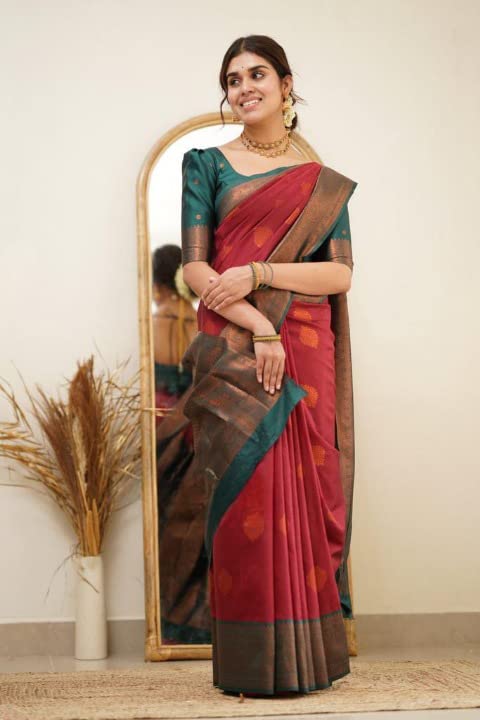 Image of Flosive Elegant Red Banarasi Saree with Gold Zari Border & Classic Design