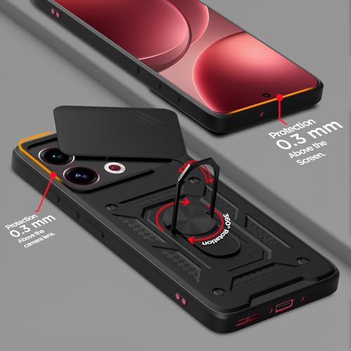 Image of Pikkme Back Cover for Oppo Find X9 5G | 360 Protection Case | Sliding Camera Shield Cover & Ring Holder Stand D10 Tough Armor Bumper Case (Black)