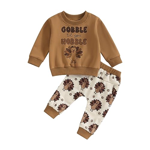 Image of Lesimsam Toddler Baby Boy Thanksgiving Outfit Turkey Crewneck Sweatshirt Top Jogger Pants Set 2Pcs Fall Winter Clothes
