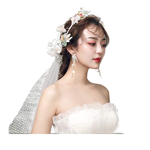 ZGP &Headdress Crown Flower Wreath Headband Hand-made Silk Veil Earrings Korean Bride Tiara Seaside Holiday Headband Hair Accessories Size Adjustable floral garland