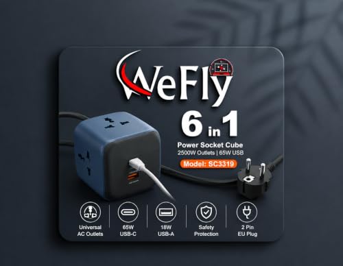 Image of 2500W Cube Extension Board Power Strip with USB C Ports | 3 Power Sockets with 65W Gan Type C USB QC PD Super Fast Charging | Multi Port Extension | 2M Power Cord (SC3319)