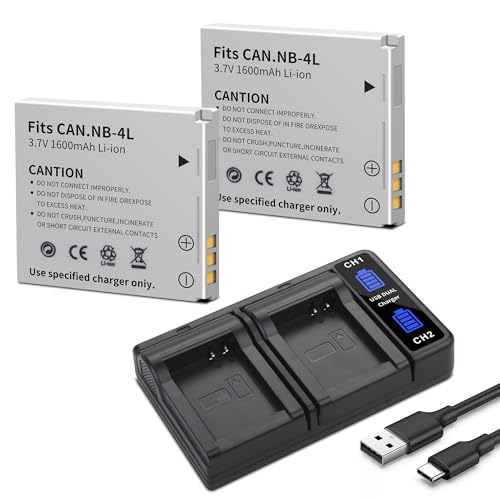 2-Pack NB-4L Batteries with Dual Fast Charger for Canon