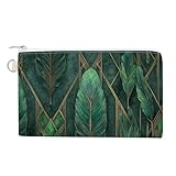 Jubonexis Cartera de lona, monedero vintage con estampado verde de plumas, monedero con cremallera, pequeña bolsa de cosméticos